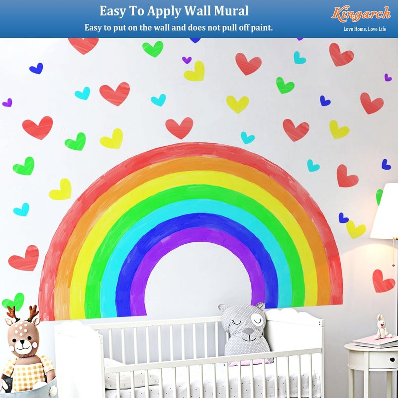 Kingarch Large Watercolor Rainbow Wall Decals, Hearts Peel and Stick Fabric Nursery Wall Decor, Removable Home Room Wall Decor Murals Stickers for Kids Girls Toddler Bedroom Living Room Playroom - Image 5